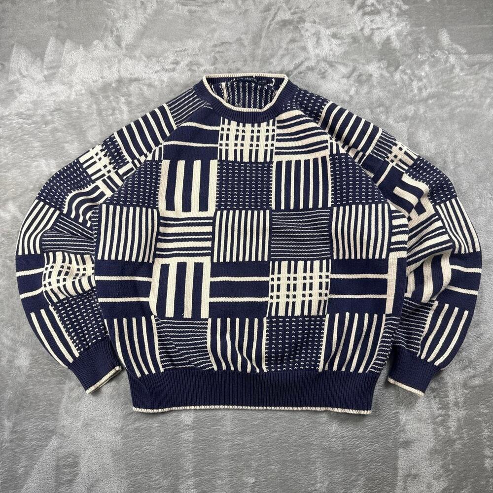 Vintage Nautica Sweater Mens XL Navy Cream Geometric Cotton Crewneck Hong Kong
